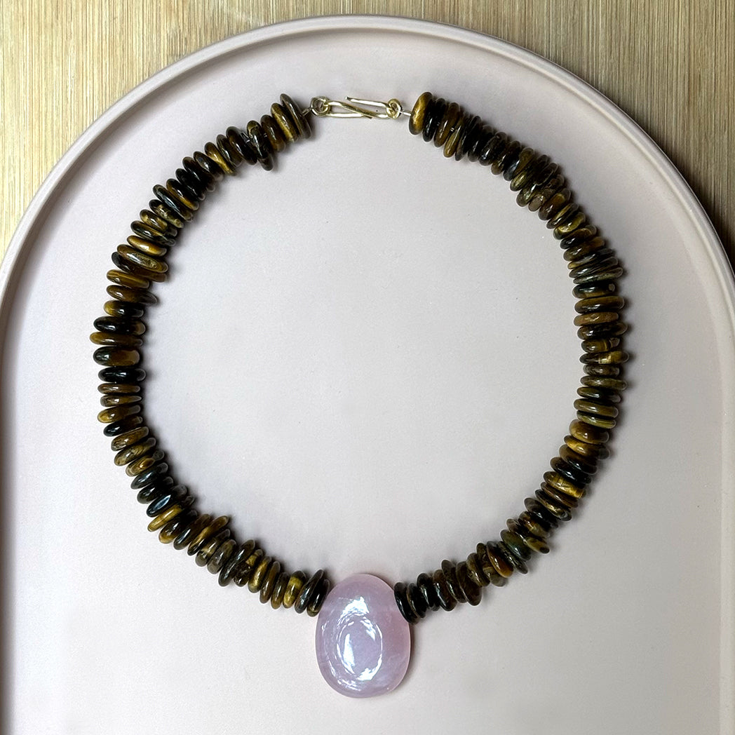 Tigerheart | Edelsteinkette mit Tigerauge & Rosenquarz Anhänger